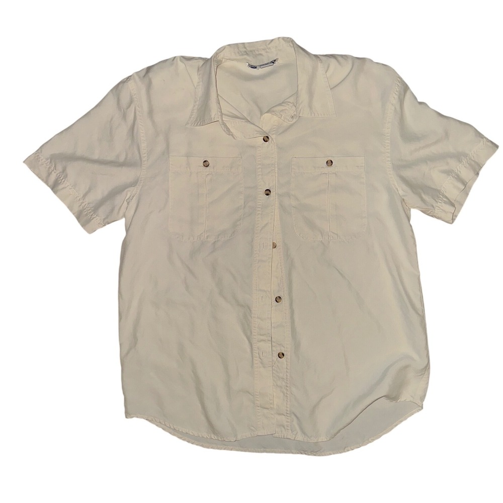 Anna and Frank 100% Silk Short Sleeve Button Down Shirt Cream Off-White Medium